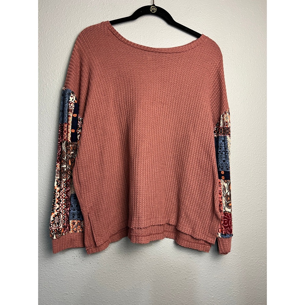 Umgee Waffle Knit Patchwork Sleeve Top Mauve Boho Festival Rust Y2K Medium